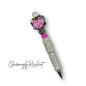 CharminglyResilient White Full Rhinestone Refillable Pen with Nurse Focal Charm, Durable Office Writing Tool for Nurses