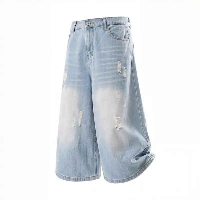 Men's Ripped Denim Baggy Jorts - Chic Vintage Street Style Capri Shorts with Loose-Fit Wide Leg, Light Wash, Button Closure, Minimalist Casual Menswear Bottoms