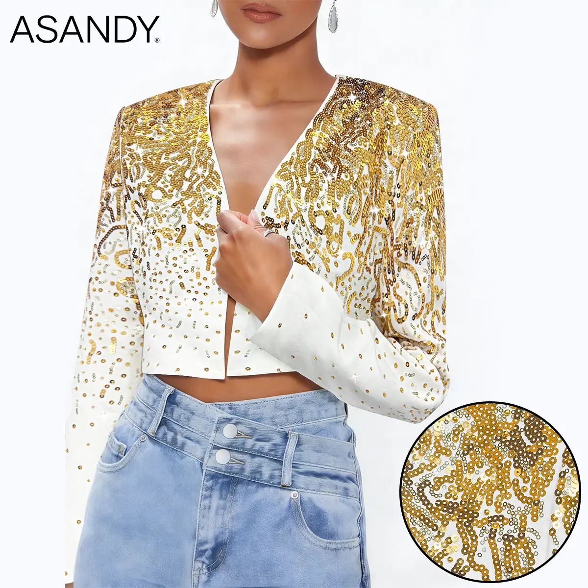 ASANDY Women's 2-Piece Fashion Glitter Metallic Gold Sequin Long Sleeve Cropped Jacket Set - Lapel-Less White Vest Included, Glamorous Party Statement Womenswear