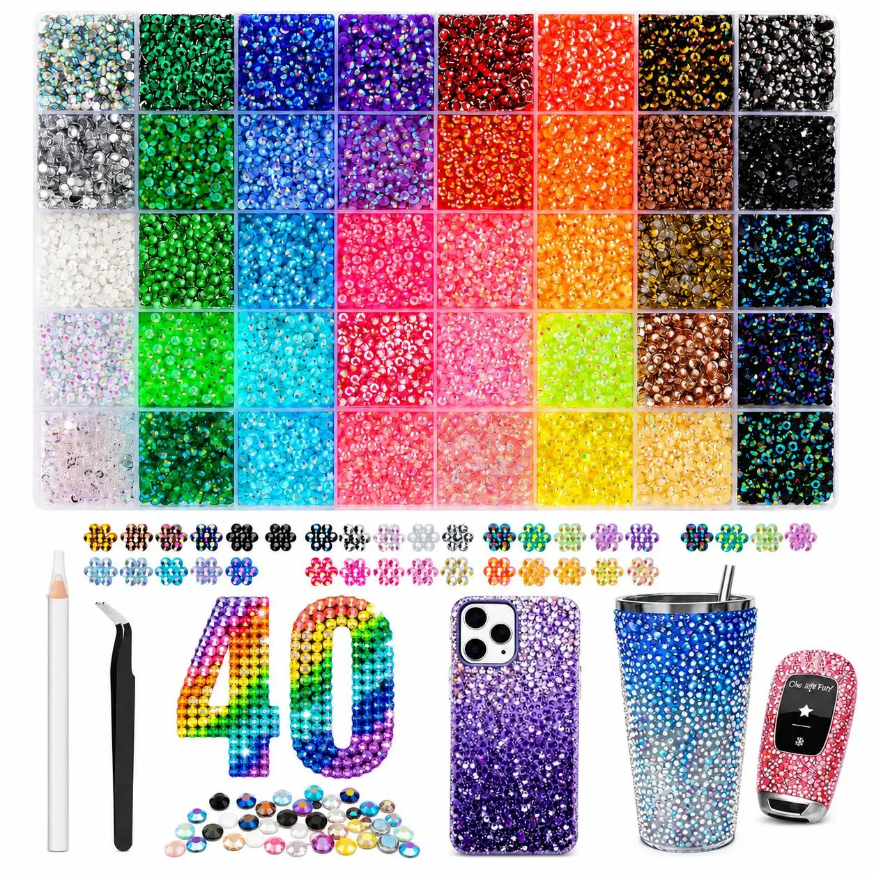 Rhinestone Bedazzling Kit, 40000 Pcs 3mm Flatback Jelly Resin Crystals in 40 Mix Colors for Nail Art & DIY Craft Embellishment, Nail Art Gems