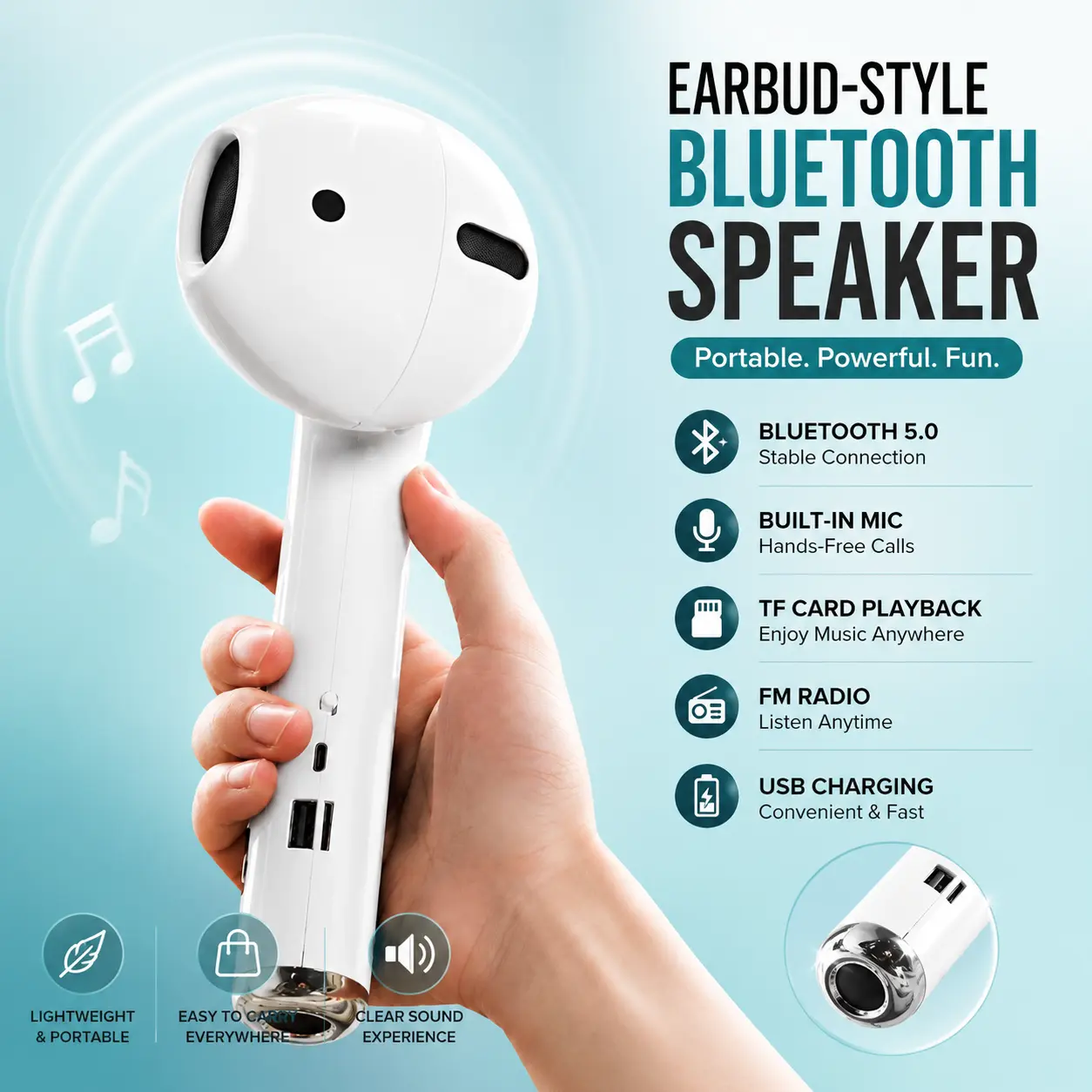 Earbud-Style Portable Bluetooth Speaker, Wireless Speaker with USB Charging, Built-in Microphone, TF Card Playback & FM Radio for Home, Travel & Outdoor Use