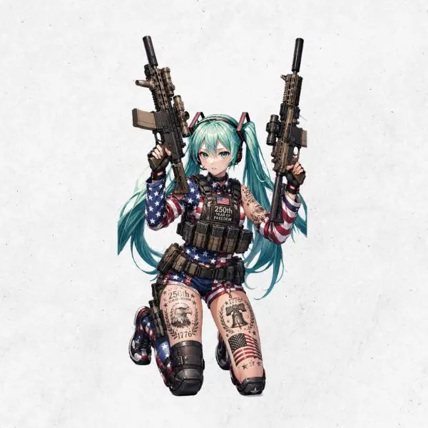 Tactical Hatsune Miku 250th Year of Freedom Sticker, USA Flag Anime Waifu Vinyl Decal, Patriotic Military Girl Sticker