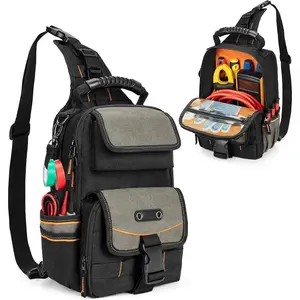 Electrician Tool Bag, Zippered HVAC Tool Organizer with Ergonomic Handle and Shoulder Strap for Maintenance Repair Technicians, Black