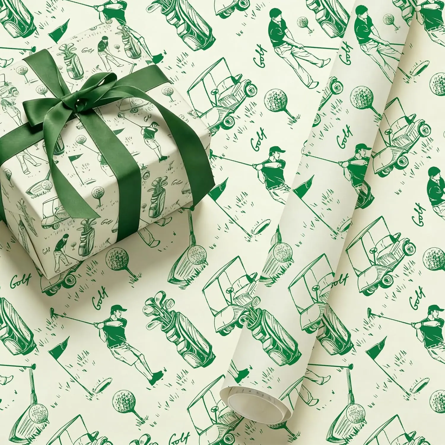 Whaline High-Quality Printed Paper Wrapping Paper Roll - 1 Roll, 17 in x 32.8 ft, Green, Classic Illustrations, Hard-to-Tear, Easy-to-Cut Home Supply for Father's Day, Sports Theme Parties, Golf Lovers