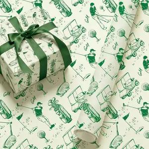 Whaline Golf Wrapping Paper -Mini Roll- 17 In x 32.8 Ft Green Sports Theme Gift Wrap Paper for Birthday Father's Day Sport Party Wrapping Supplies