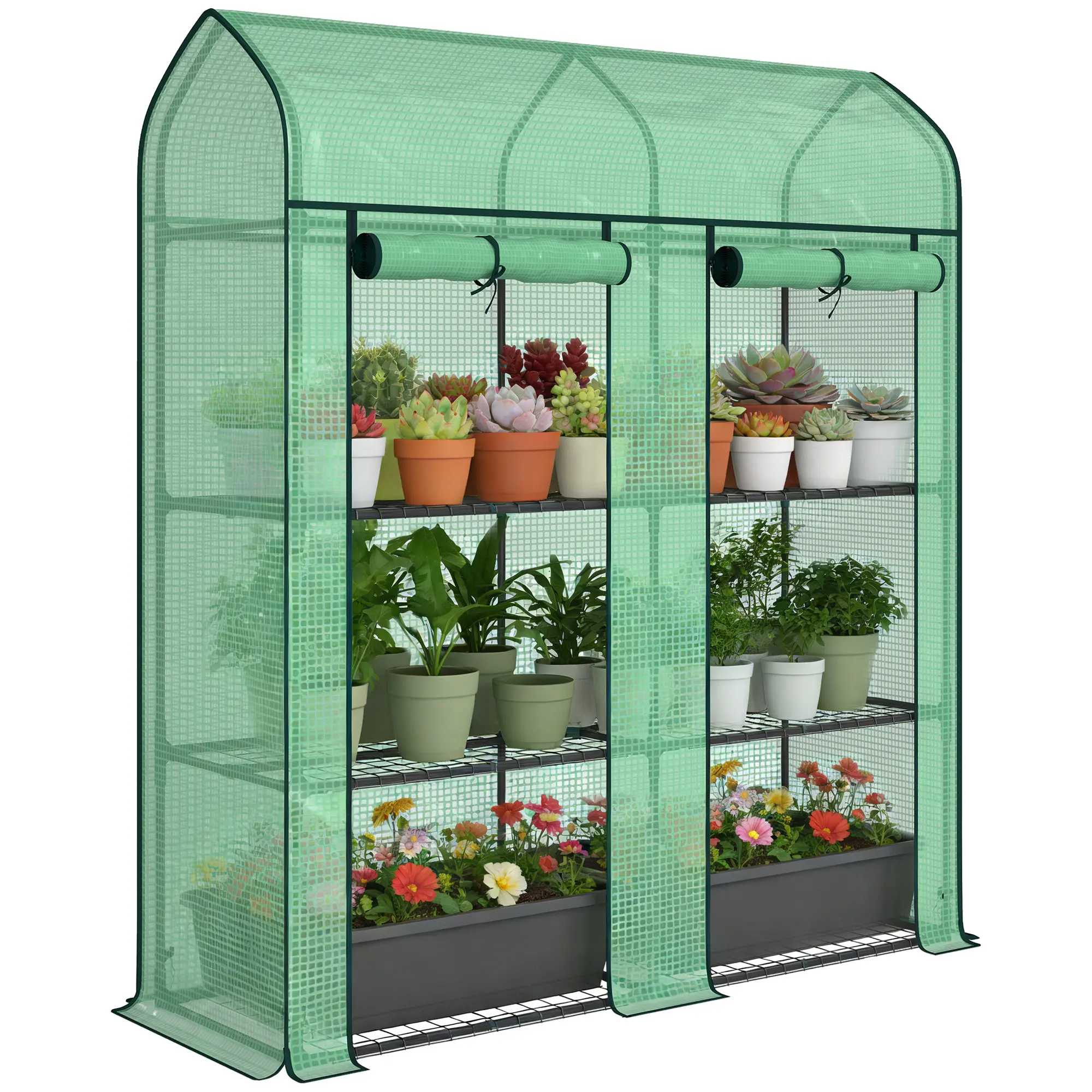 Outsunny 3-Tiered Portable Mini Greenhouse, 56.3"x18.1"x65" Small Growhouse with 2 Roll-Up Doors & PE Cover, Boosts Natural Light for Plant Growth, for Indoor Outdoor Garden Use, Three-Tiered
