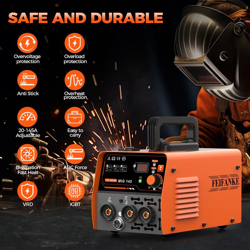 FEIFANKE MIG145Amini Welder,3-in-1 MIG/ARC/Lift TIG mig welder machine,110v IGBT Inverter synergic control ARC /MMA Welding Machine, protable LED Digtital Display Gasless Welding machine,For Repair Work &.DIY work