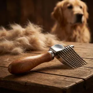 Pet Dematting Comb for Dogs & Cats, Wooden Handle Grooming Rake with Stainless Steel Blades, Safe Deshedding & Dematting Tool for Long Haired, Curly, Matted Fur
