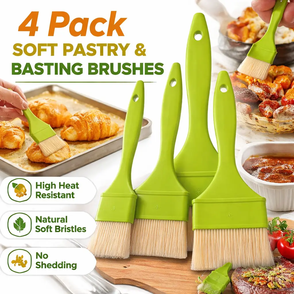 4pcs Silicone Kitchen Basting & Grill Brush with Long Bristles - Ideal for Baking, BBQ, Marinades