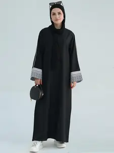 Women's Patchwork Side Striped Zipper Back Long Sleeve Kaftan, Elegant Modest Round Neck Long Dress for Party Holiday, Birthday Dresses, Muslim Dresses for Women, Muslim Women Gowns, Modest Clothes, Ladies Fall & Winter Islamic Clothing