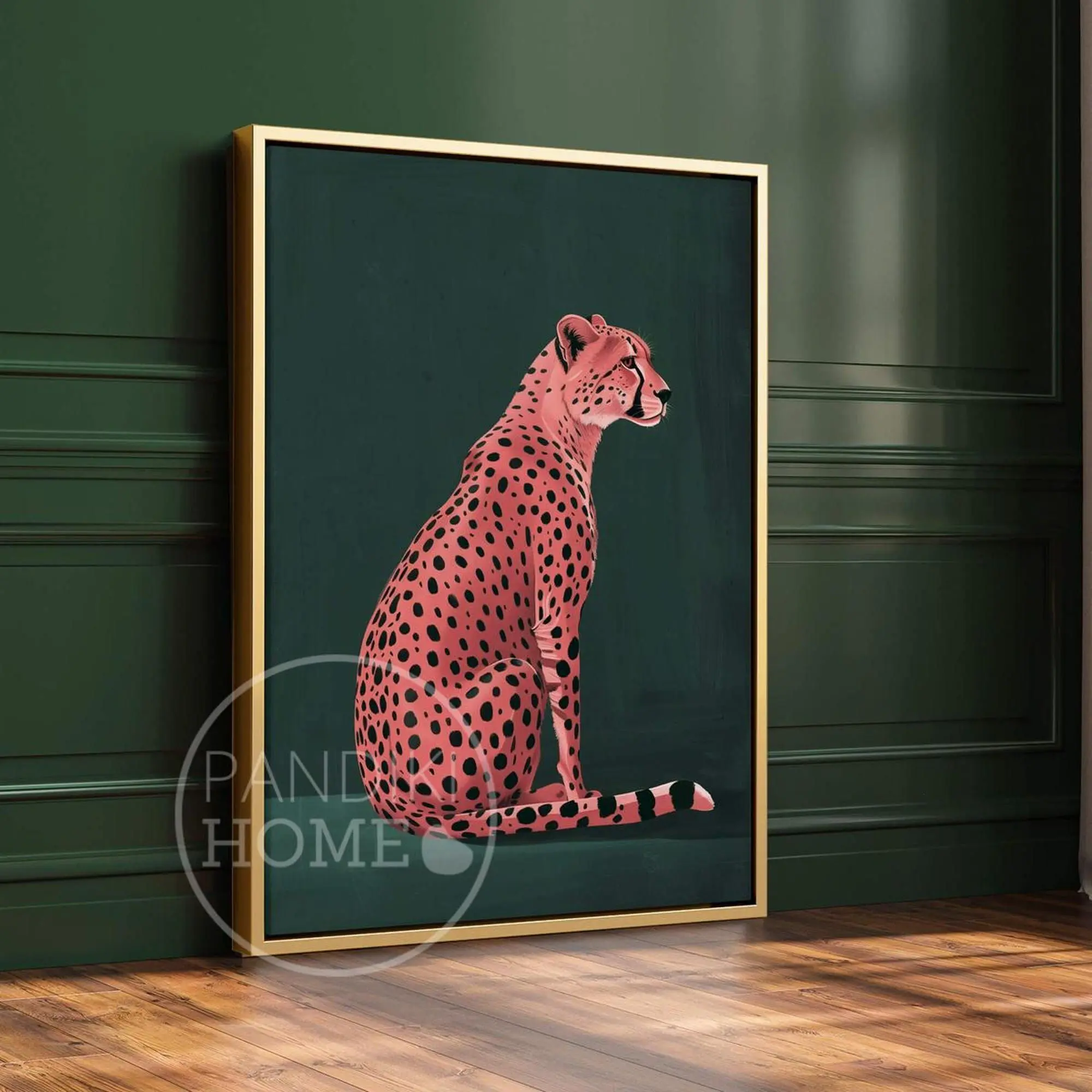 , Pink Cheetah On Green Art Print, Emerald Green Modern Art, Animal Art Print, Contemporary Art For Maximalist Style Home, Dark Green Wall Art, Decor, Poster, Wall Art