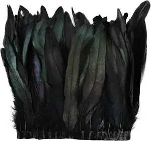 Black Rooster Feather Trim 8-10inch 2.15Yards Natural Large Rooster Tail Feathers Fringe Trim DIY Sewing Craft Party Clothing