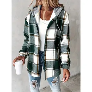 Coast Blend Threads Women Plaid Jacket Long Sleeve Hooded Coat Gray Beige Black Blue Structured Non Stretch for Fall Winter Everyday Formal Outfits Women's Slub Knit Full-Zip Hoodie