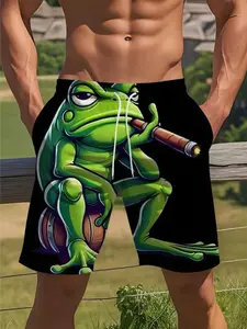 Summer Men's New Cartoon Sad Frog Print Beach Shorts, Casual Daily Outdoor Sports Fashion Swimwear, Fun Print Shorts