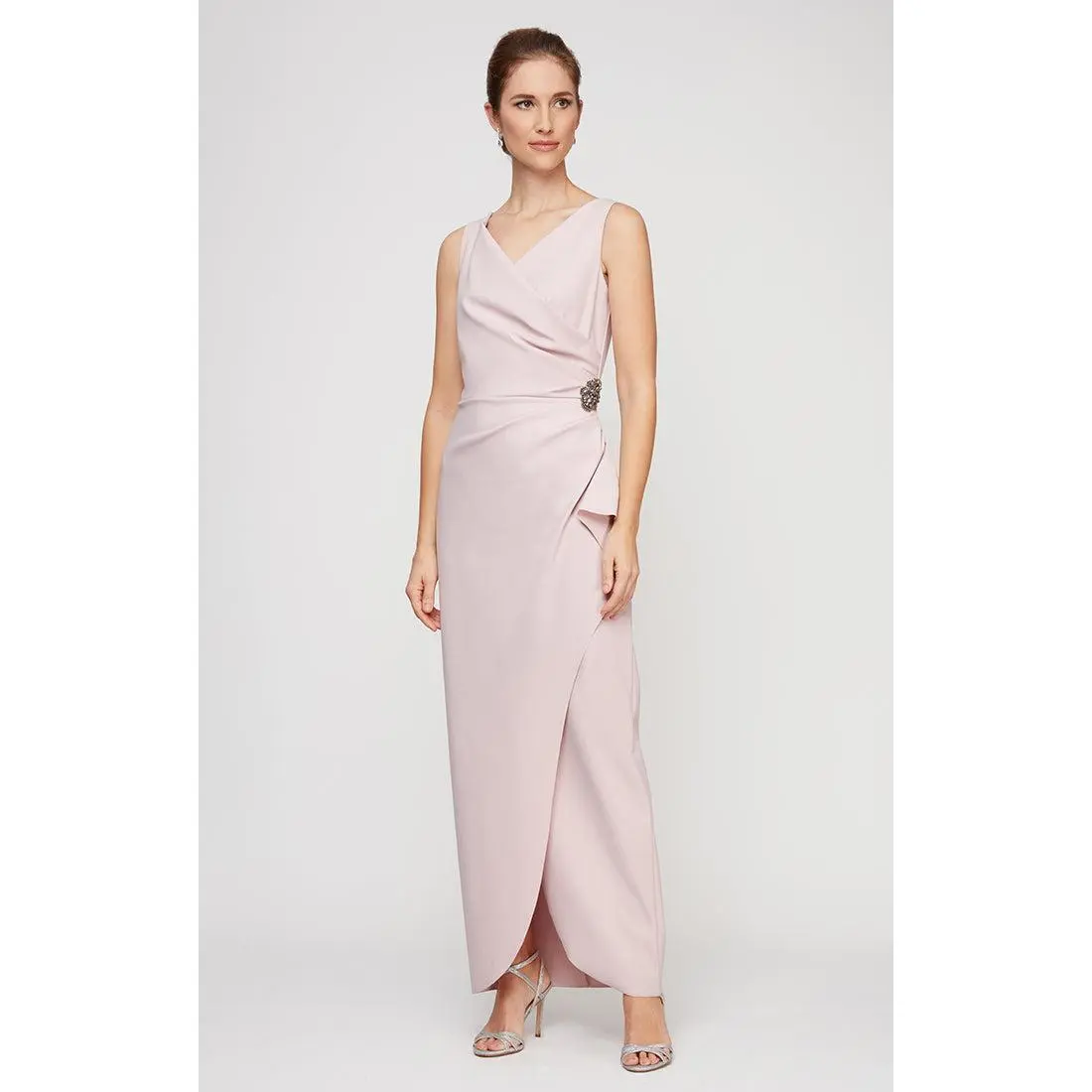 Petite Long Sleeveless Compression Sheath Gown with Surplice Neckline, Cascade Detail Skirt and Beaded Detail at Hip