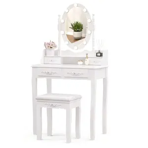 Girls Makeup Vanity Desk Set For Bedroom, Antique Vanity Dressing Table With Lighted Mirror
