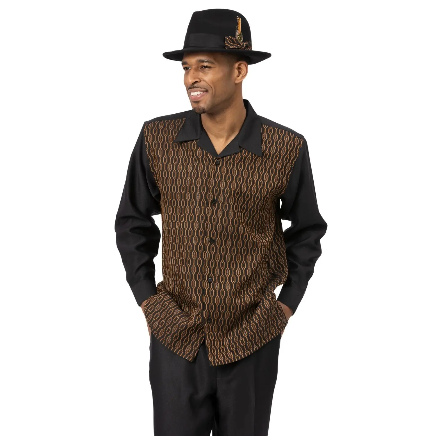 Men’s Black Cognac Monochromatic Walking Suit – 2 Piece Long Sleeve Set