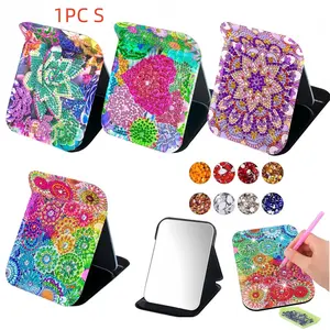 1 DIY succulent, heart-shaped, mandala pattern diamond art makeup mirror stand mirror, PU leather material double-sided portable folding women's mirror, room decoration mirror, diamond painting set adult crystal rhineline diamond painting mirror compact