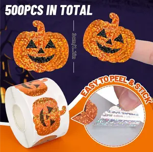 500PCS Halloween Stickers Roll, gift party supply, 1.2in Laser Holographic Pumpkin & Ghost Designs – Sparkly Waterproof Self-Adhesive Decals for Kids, Party Favors, Scrapbook, Envelope, Journal & Holiday Decorations