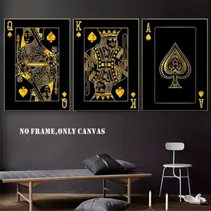[2D Flat] 3-piece set, Nordic golden wall prints and posters for the living room, King and Queen wall art, black poker cards, canvas paintings, modern art canvas posters, perfect for home decoration, enhancing the charm of the space, frameless