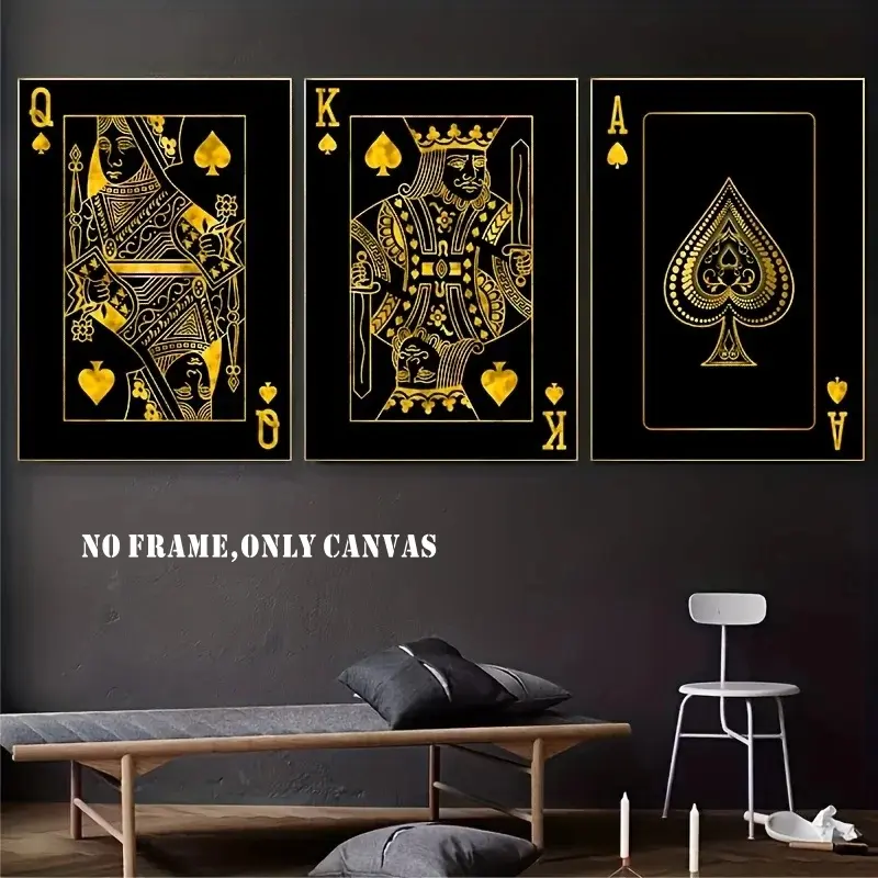 [2D Flat] 3-piece set, Nordic golden wall prints and posters for the living room, King and Queen wall art, black poker cards, canvas paintings, modern art canvas posters, perfect for home decoration, enhancing the charm of the space, frameless