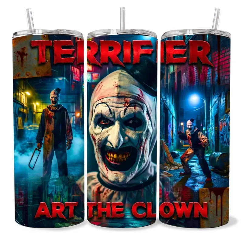 Terrifier 20 oz Tumbler - BPA Free, Stainless Steel, Leak Proof, Clear Lid, Includes Straw