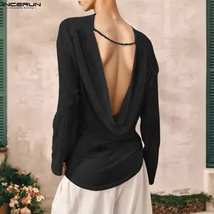 INCERUN Club Party Men's Sexy Backless Knit T-Shirt Long Sleeve Hollow Out Tee Tops Slim Fit for Vacation Night Out Dating