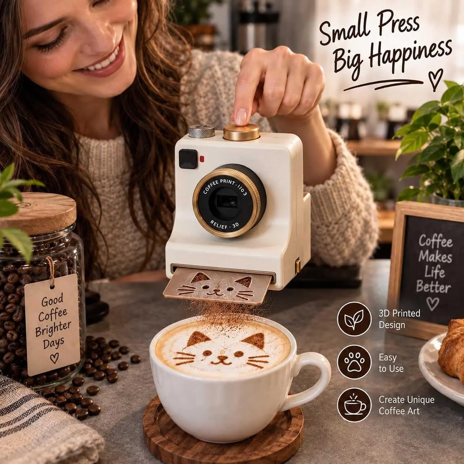 3D Printed Latte Art Camera, Manual Coffee Printer with 4 Coffee Stencils and 2 Mesh Filters, Mechanical Powder Art Maker for Cappuccino Cocoa, Chocolate, Home Cafe