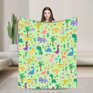 Cute cartoon dinosaur “Dinoo World” wrinkle-resistant fuzzy flannel throw blanket, portable travel camping blanket