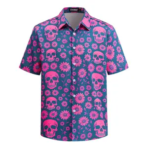 TIXMIE Men Teal Pink Skull Daisy Hawaiian Shirt, Short Sleeve Button Down Streetwear Hip Hop Casual Tropical Summer Beach Vacation Top，good graphic tees，cotton graphic tees，shirt，camo，Father's Day Gift