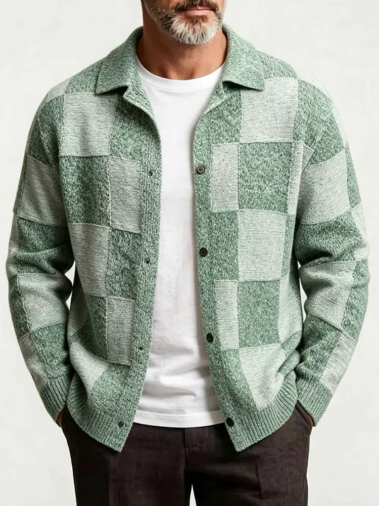 Men’s Retro Plaid Block Knit Cardigan - Turn-Down Collar Square-Textured Casual Tops, Autumn Winter Menswear Knitwear with Polyester Fabric Retro Look Outerwear