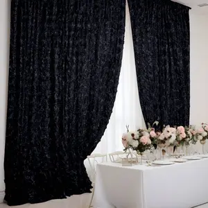 Black Satin Rosette Backdrop Drape Curtain, Photo Booth Event Divider Panel - 8ftx8ft