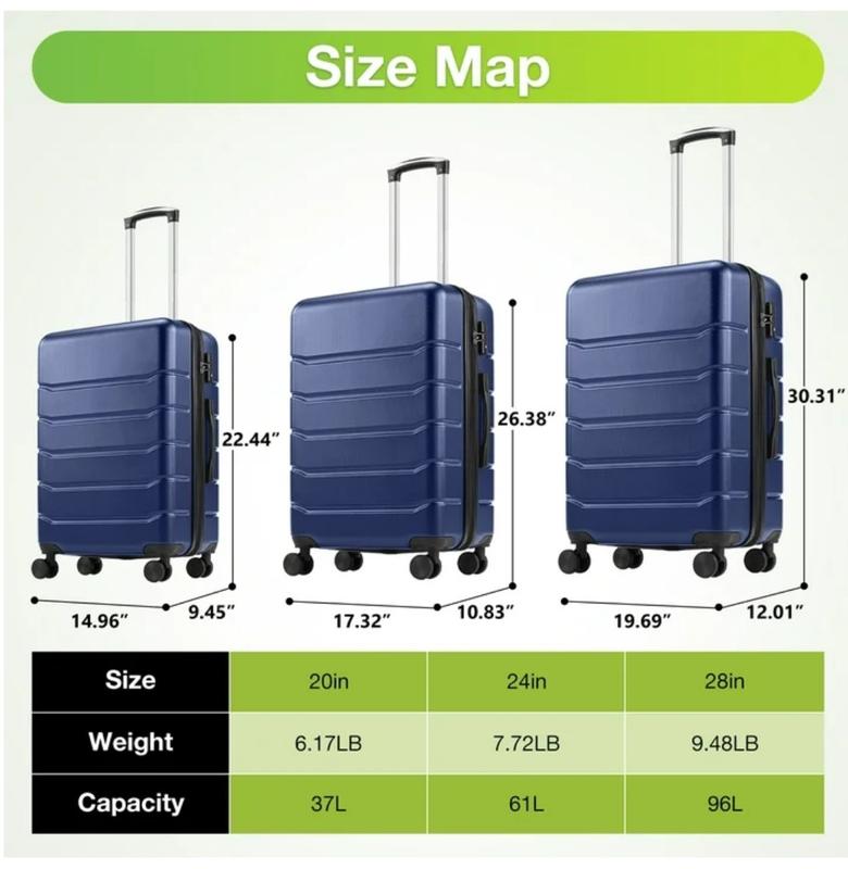 Set of 3 Hardside Luggage, Expandable Rolling Luggage with TSA Lock and Spinner Wheels, Blue