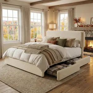Queen Size Teddy Fleece Bed Frame, Upholstered Platform Bed with 2 Storage Drawers, Height Adjustable Cloud Headboard, Thick Soft Teddy Fabric Bed, Modern Style, No Box Spring Required, Cream