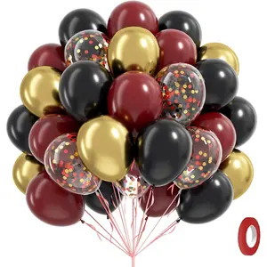 60pcs 12inch Black Burgundy and Gold Balloons, with Gold Red Black Confetti Balloons for Maroon Themed Birthday Shower Graduation Party Decorations