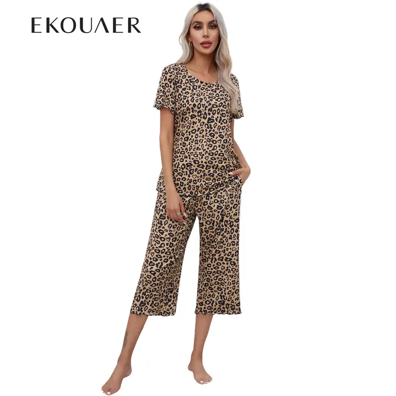 Ekouaer Women's Gifts 2-Piece Pants Set - Round Neck, Short-Sleeved Leopard Print Polyester Top, Cropped Pants, Matching Jammies, Cozy Soft Casual Home Outfits for Spring & Autumn Sleepwear, 2 Piece Pants Set Women