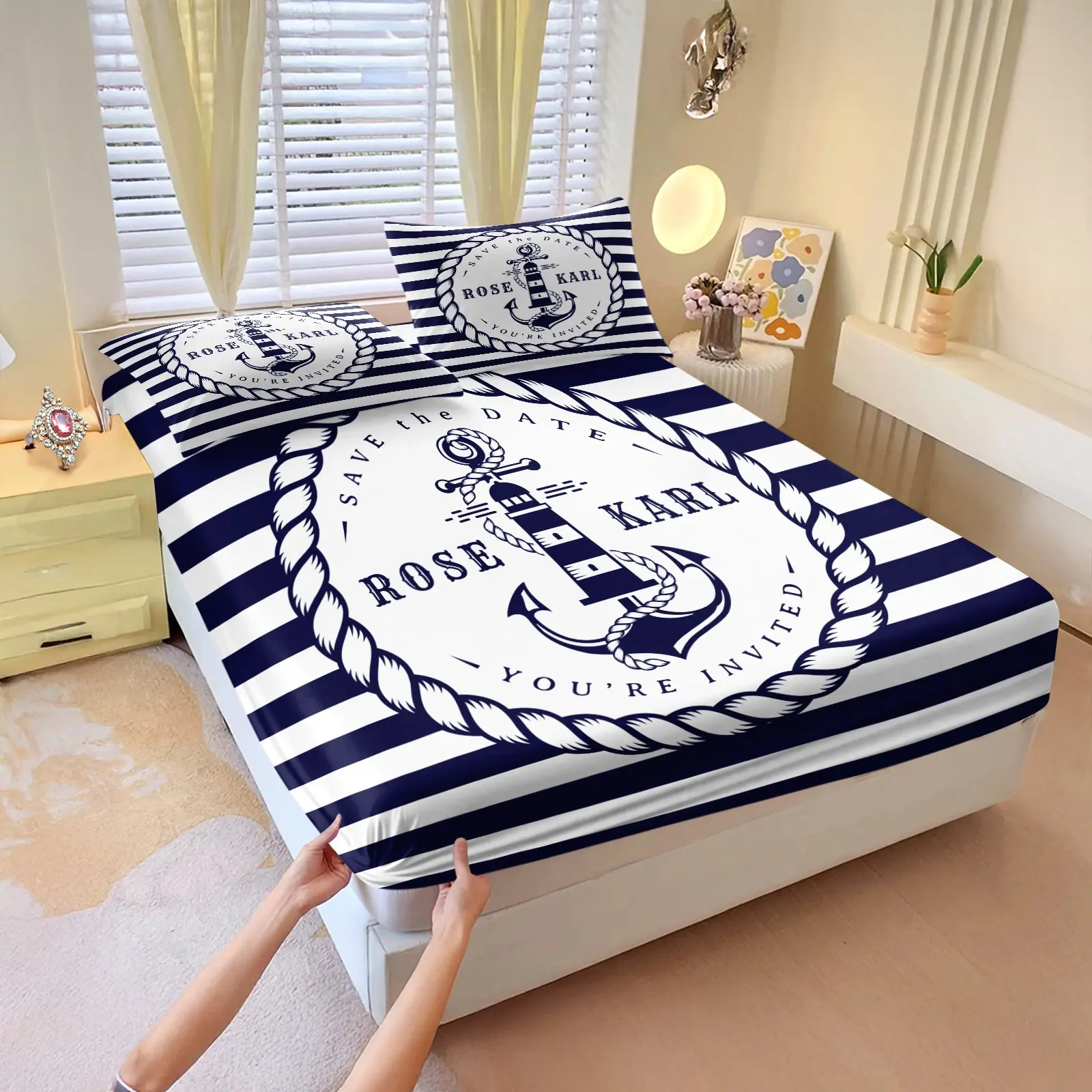 ⚓ 3Pcs Nautical Anchor & Lighthouse Print Fitted Sheet Set, Coastal Striped Bed Sheet Set, Soft Microfiber Decorative Bedding Set with Pillowcases, Perfect for Beach House & Bedroom Decor - No Filling