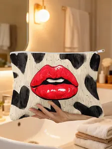 1pc, Multi-Functional Valentine's Red Lips and Hearts Print Cosmetic Bag in Soft Corduroy, Handheld Cosmetic Pouch, Makeup Pouch, Makeup Storage Bag, Ideal for Storing Lipsticks, Pads, Nail Tools, and Travel Beauty Must-Haves