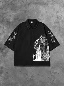 Gothic Dark Cross Print Short Sleeve Shirt, Subculture Streetwear Oversize Zipper Jacket, Casual Loose-Fitting Top for Men