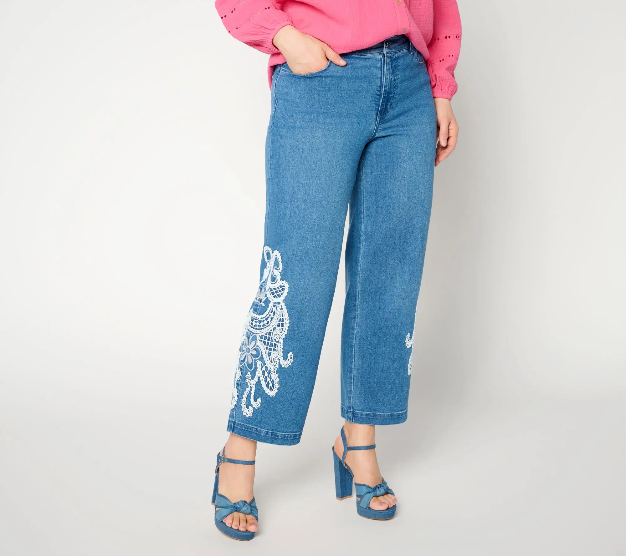 Susan Graver Petite Stretch Denim Ankle Jean w/ Lace Detail