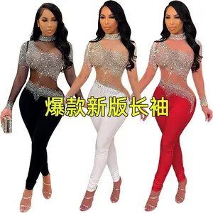 2025 fashionable and sexy sheer mesh rhinestone long pants, long-sleeve jumpsuits for women, womenswear overalls