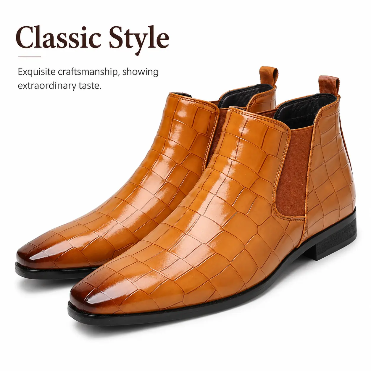 Men's Classic Business Chelsea Boots - Crocodile Embossed Synthetic Leather Look, Slip-On Ankle Shoes, All-Seasons Classic Boot