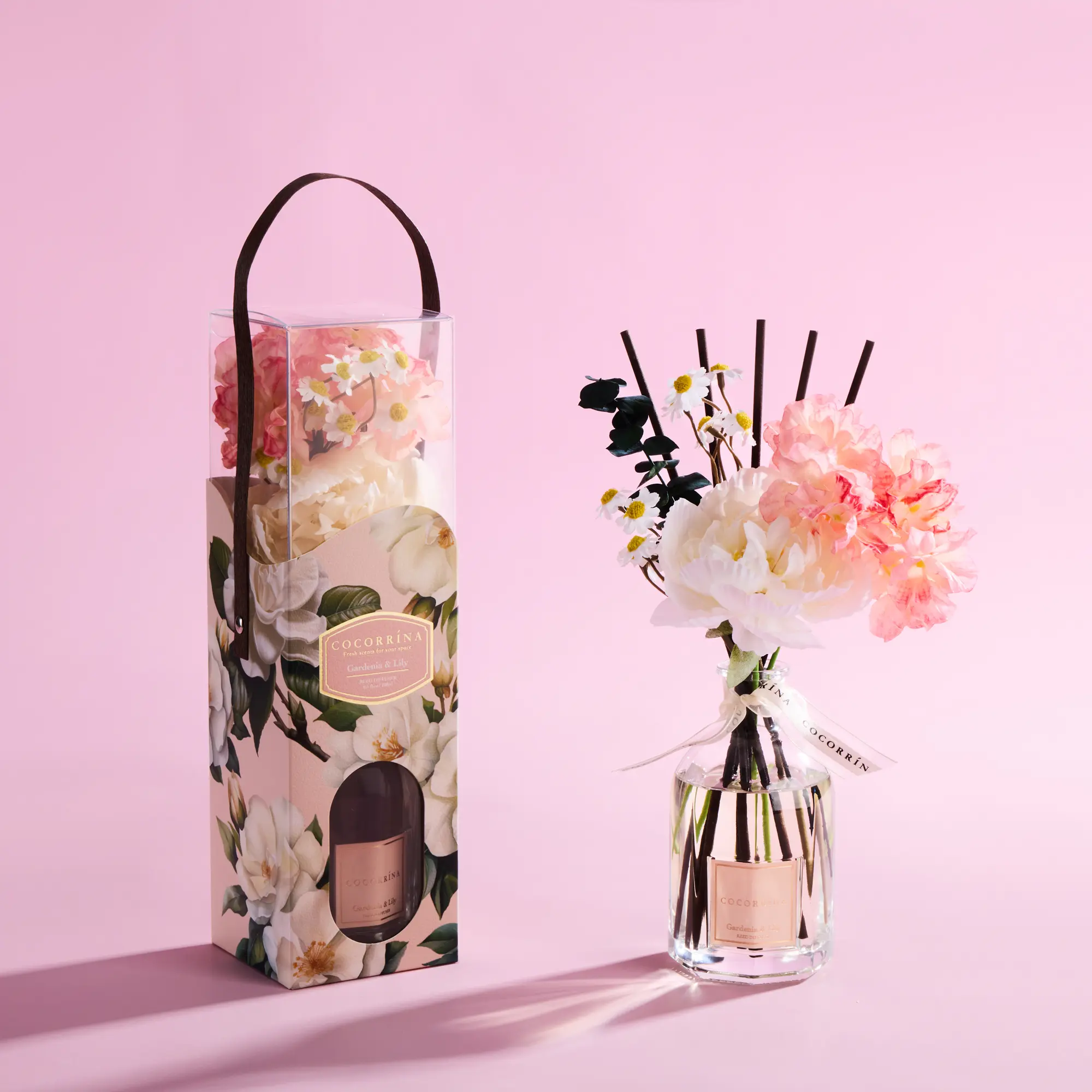 COCORRÍNA Reed Diffuser - Gardenia & Lily 8.5 Fl.oz Flower Reed Diffuser with Sticks, Bedroom Bathroom Shelf Decor (Floral Basket Collection)