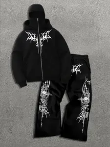 Men's Casual Fashion Set, Geometric Print, Hooded Zipper Sweatshirt and Wide Leg Pants, Comfortable Daily Wear