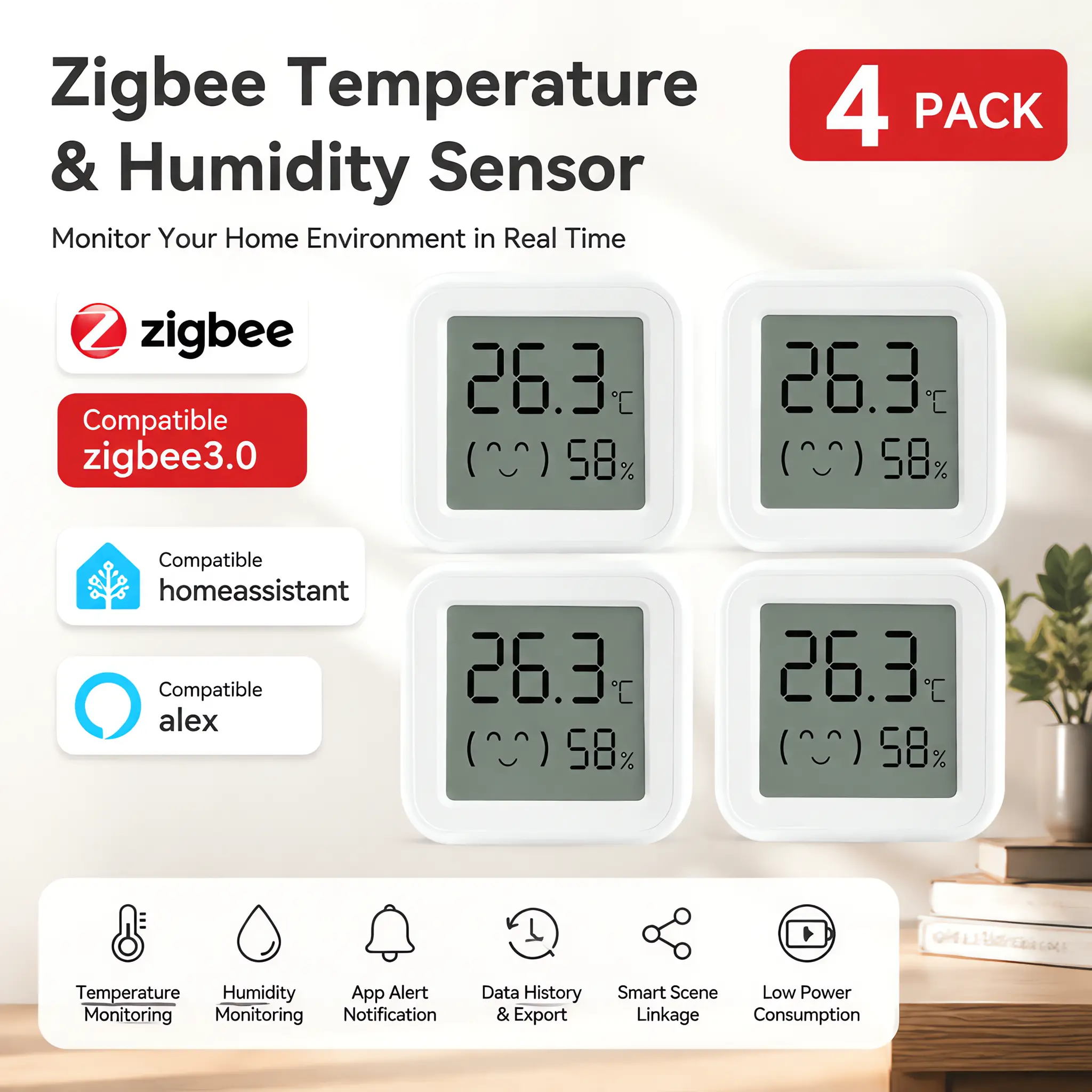 Yiwipbot HA Zigbee Temperature and Humidity Sensor, 4 Pack, Support Home Assistant, zigbee2mqtt, Multi-Room Group Control