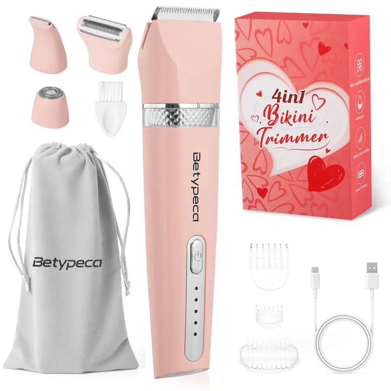 BETYPECA Women's 4-in-1 Anti-Snagging Bikini Line Trimmer - Pain-Free Electric Shaver with Ceramic Head, 4 Replaceable Blades, IPX6 Waterproof, Easy Cleaning, Built-In Lithium Ion Batteries, Portable, Smooth Shave, Perfect Gift for Women, Summer Use
