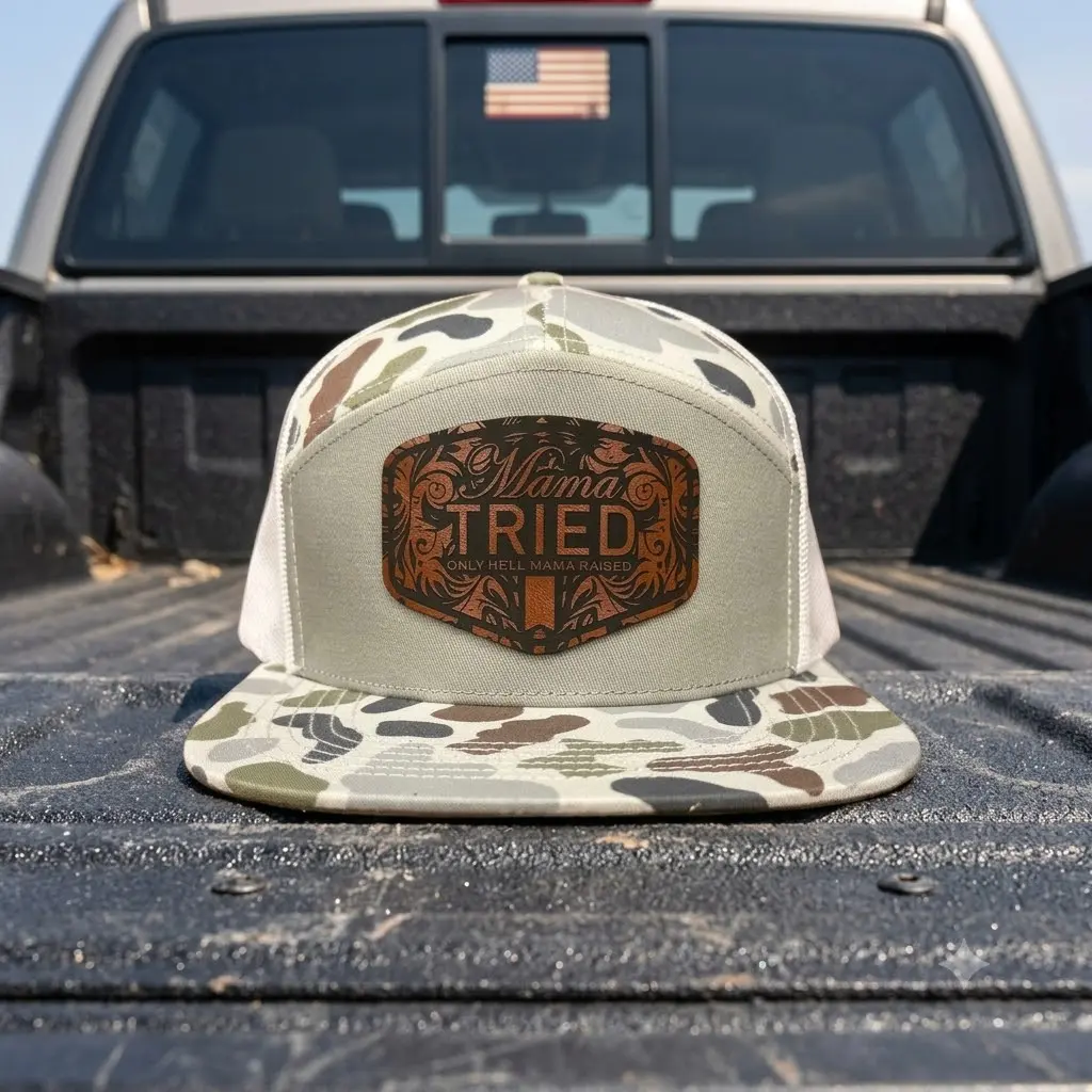 Mama Tried Trucker Hat, Embroidered Flat Bill Mesh Snapback Cap, Adjustable Grey Camo Outdoor Country Western Hat for Men & Women