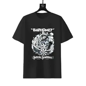 "Baphomet Satanic Symphony" Retro Cartoon Graphic T-shirt, 180g Cotton Occult Aesthetic Streetwear Tee, Vintage Devil Short Sleeve Shirt