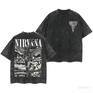 Retro Limited Nirvana Band Tour Black 2-Sided Vintage Tee Graphic Unisex Oversize Rock Band Washed Heavyweight Cotton T-shirt Gift For Rock Music Lovers Vintage Band Shirts Casual Fabric Fit Top Womenswear Streetwear,funny graphic tee