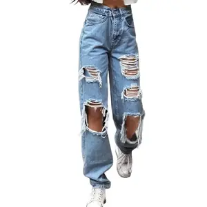 Womens Summer Ripped Loose Fit Jeans Wide Leg For Women High Waist Blue Wash Casual Cotton Denim Trousers Baggy Jean Pants Fabric Womenswear Streetwear Bottom Stripe Basic Button Fitted Minimalist